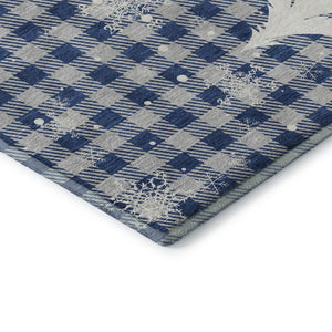 HomeRoots 8' Stylish Blue Ivory and Gray Gingham Washable Round Rug with UV Protection for Everyday Living 702302