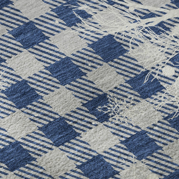 HomeRoots 8' Stylish Blue Ivory and Gray Gingham Washable Round Rug with UV Protection for Everyday Living 702302