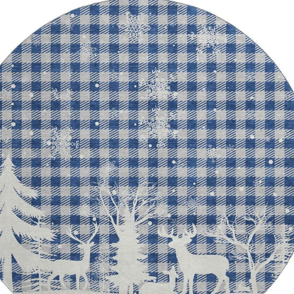 HomeRoots 8' Stylish Blue Ivory and Gray Gingham Washable Round Rug with UV Protection for Everyday Living 702302
