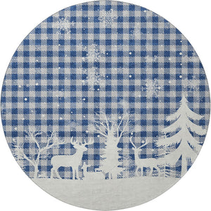 HomeRoots 8' Stylish Blue Ivory and Gray Gingham Washable Round Rug with UV Protection for Everyday Living 702302