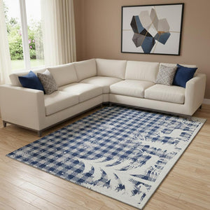HomeRoots 8' X 10' Stylish Blue Ivory Gray Gingham Washable Area Rug with UV Protection & Non-Slip Backing 702303