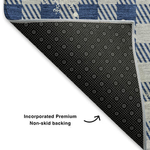 HomeRoots 8' X 10' Stylish Blue Ivory Gray Gingham Washable Area Rug with UV Protection & Non-Slip Backing 702303