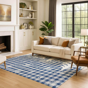HomeRoots 8' X 10' Stylish Blue Ivory Gray Gingham Washable Area Rug with UV Protection & Non-Slip Backing 702303