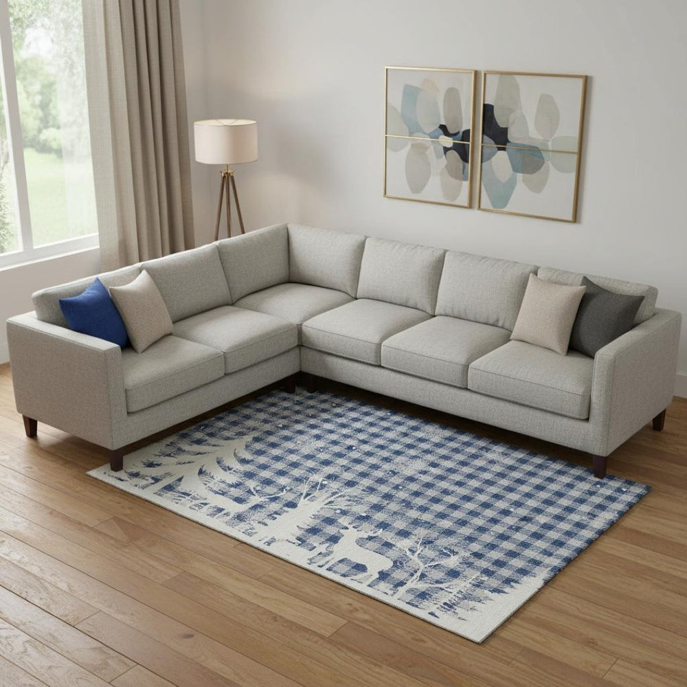 HomeRoots 9' X 12' Classic Blue Ivory Gray Gingham Washable Area Rug with UV Protection for Easy Living 702304