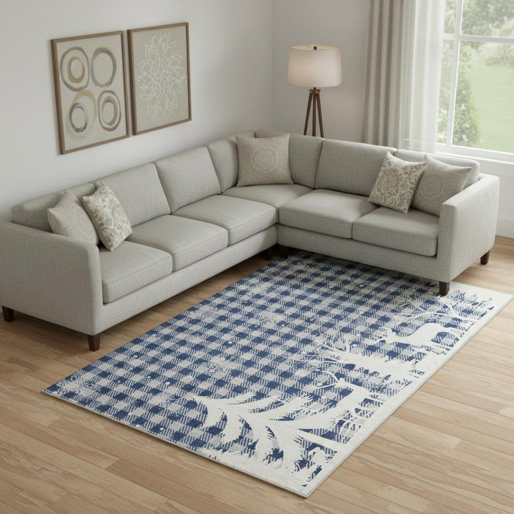 HomeRoots 10' Gingham Area Rug in Blue, Ivory & Gray – Washable, UV-Protected, Durable for Family Spaces 702305