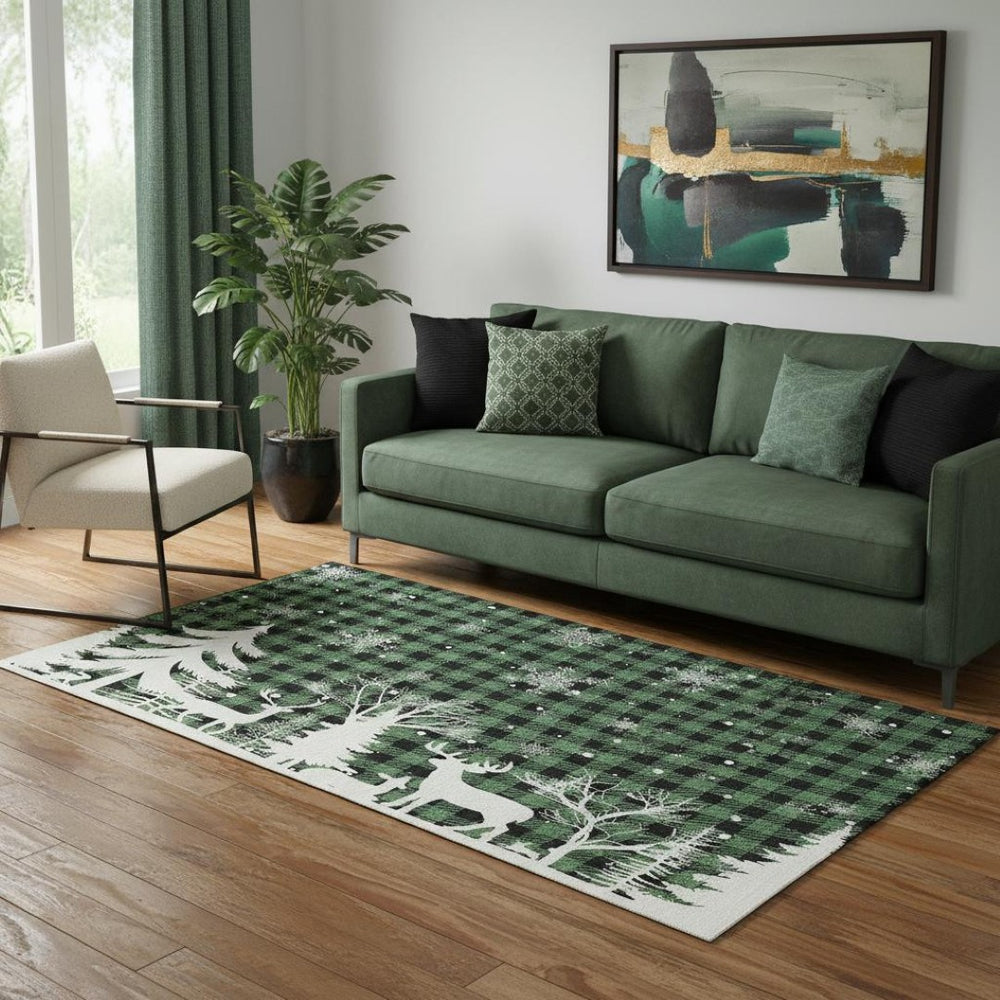 HomeRoots 5' X 8' Gingham Area Rug - Green, Black & Ivory - Washable, UV Protected, Stain Resistant, Durable Design 702307