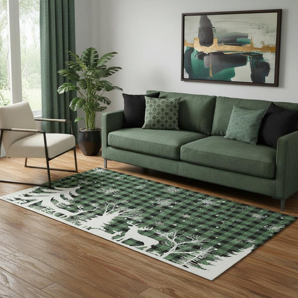 HomeRoots 5' X 8' Gingham Area Rug - Green, Black & Ivory - Washable, UV Protected, Stain Resistant, Durable Design 702307