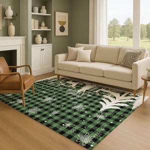 HomeRoots 5' X 8' Gingham Area Rug - Green, Black & Ivory - Washable, UV Protected, Stain Resistant, Durable Design 702307