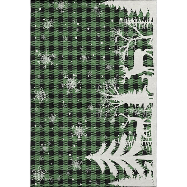 HomeRoots 5' X 8' Gingham Area Rug - Green, Black & Ivory - Washable, UV Protected, Stain Resistant, Durable Design 702307