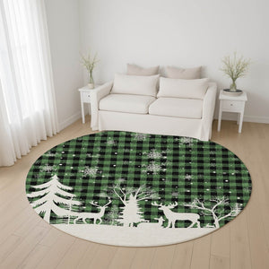 HomeRoots 8' Green Black And Ivory Gingham Washable Round Rug – Durable, UV-Protected, Easy Care for Any Space 702308