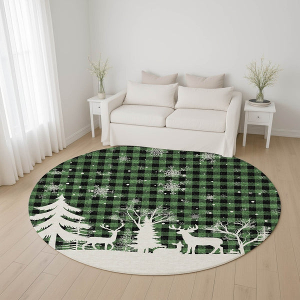 HomeRoots 8' Green Black And Ivory Gingham Washable Round Rug – Durable, UV-Protected, Easy Care for Any Space 702308