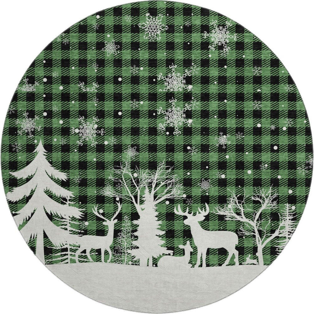 HomeRoots 8' Green Black And Ivory Gingham Washable Round Rug – Durable, UV-Protected, Easy Care for Any Space 702308