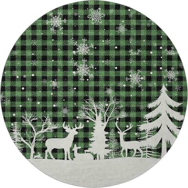 HomeRoots 8' Green Black And Ivory Gingham Washable Round Rug – Durable, UV-Protected, Easy Care for Any Space 702308