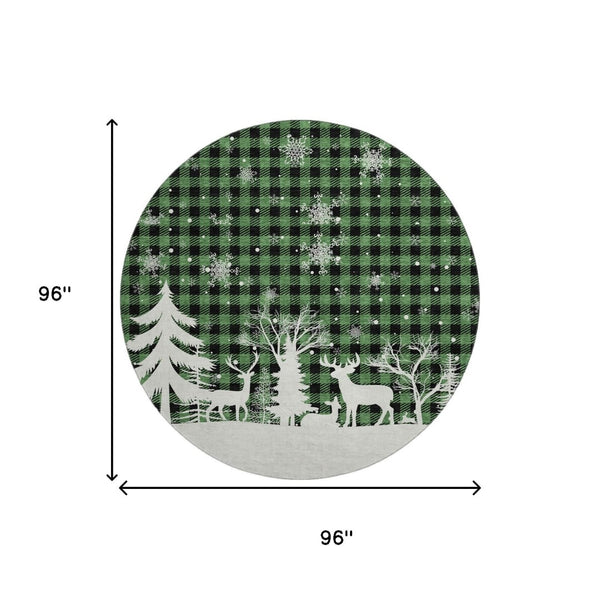 HomeRoots 8' Green Black And Ivory Gingham Washable Round Rug – Durable, UV-Protected, Easy Care for Any Space 702308