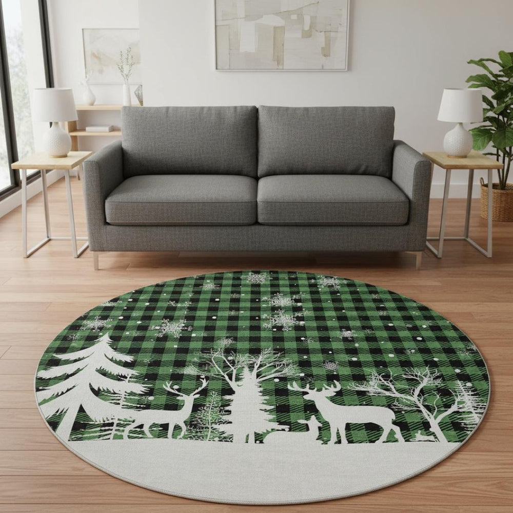 HomeRoots 8' Green Black And Ivory Gingham Washable Round Rug – Durable, UV-Protected, Easy Care for Any Space 702308