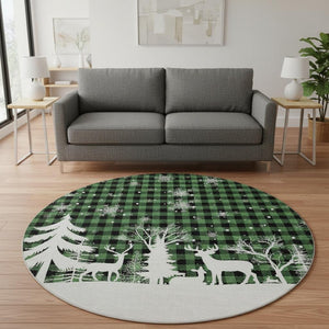 HomeRoots 8' Green Black And Ivory Gingham Washable Round Rug – Durable, UV-Protected, Easy Care for Any Space 702308