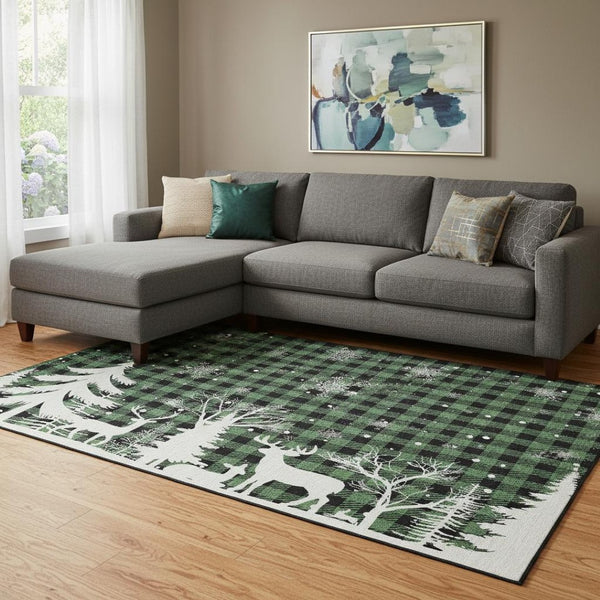 HomeRoots 8' X 10' Stylish Green, Black & Ivory Gingham Area Rug - Washable, UV-Protected, Stain-Resistant Comfort 702309