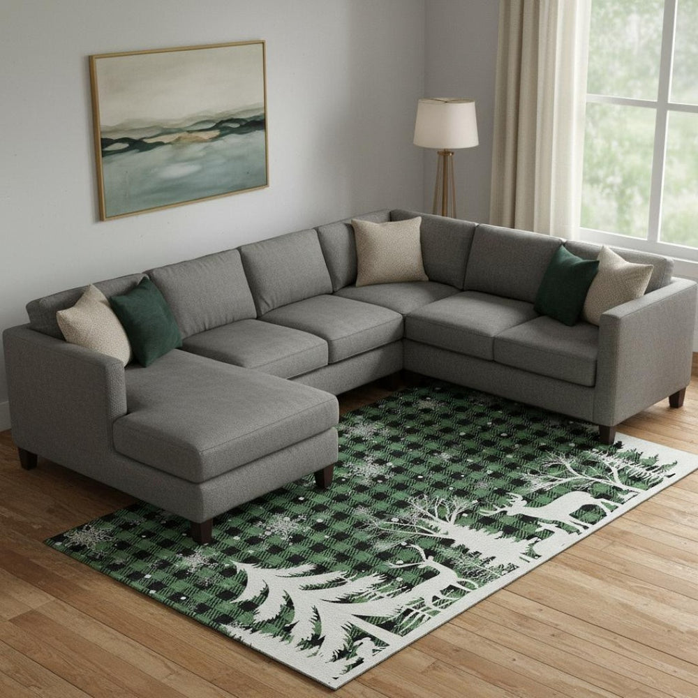 HomeRoots 9' X 12' Gingham Area Rug in Green, Black & Ivory - Durable, Stain-Resistant & UV Protected Design! 702310