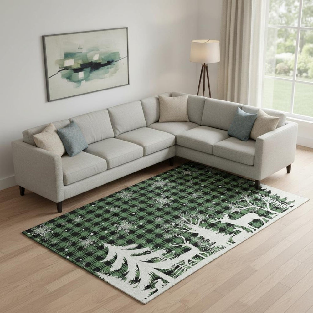 HomeRoots 10' Classic Green, Black & Ivory Gingham Washable Area Rug with UV & Stain Resistance for Homes 702311