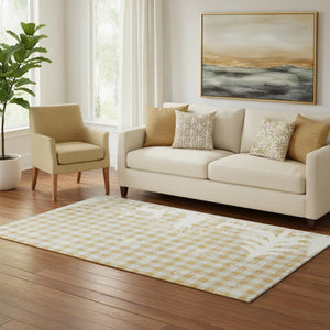 HomeRoots 5' X 8' Washable Gingham Area Rug in Gold, Gray & Ivory – Durable, Stain Resistant, UV Protected Design 702313