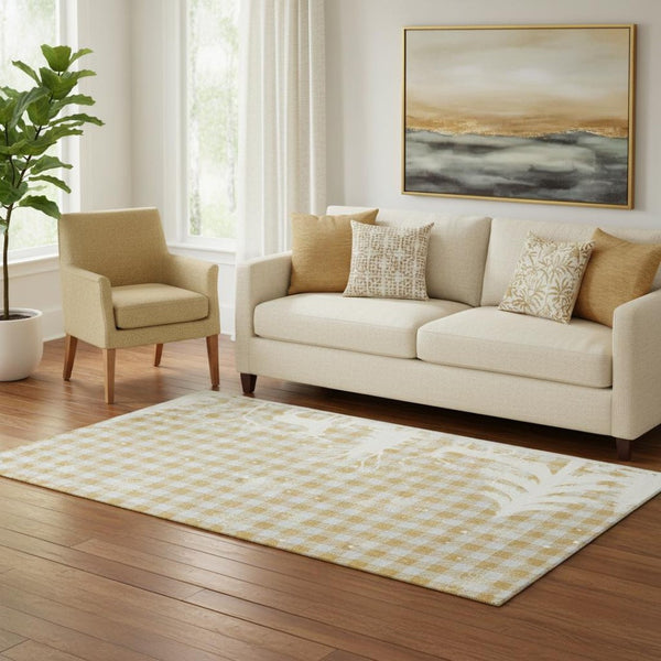HomeRoots 5' X 8' Washable Gingham Area Rug in Gold, Gray & Ivory – Durable, Stain Resistant, UV Protected Design 702313