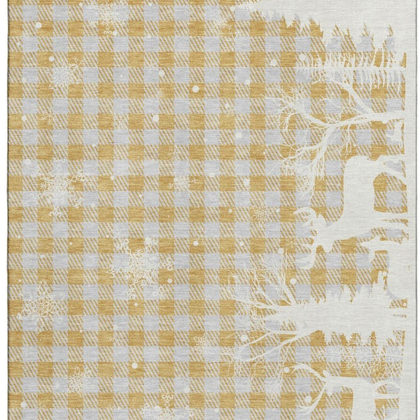 HomeRoots 5' X 8' Washable Gingham Area Rug in Gold, Gray & Ivory – Durable, Stain Resistant, UV Protected Design 702313