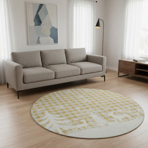 HomeRoots 8' Washable Gold Gray Ivory Gingham Round Rug with UV Protection - Durable, Stylish, Easy-Care Design 702314