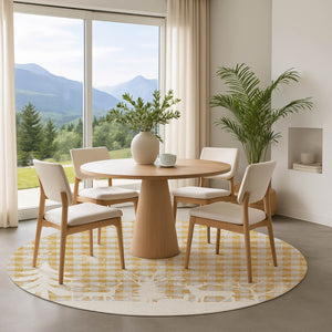HomeRoots 8' Washable Gold Gray Ivory Gingham Round Rug with UV Protection - Durable, Stylish, Easy-Care Design 702314