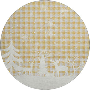 HomeRoots 8' Washable Gold Gray Ivory Gingham Round Rug with UV Protection - Durable, Stylish, Easy-Care Design 702314