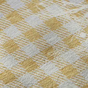 HomeRoots 8' Washable Gold Gray Ivory Gingham Round Rug with UV Protection - Durable, Stylish, Easy-Care Design 702314