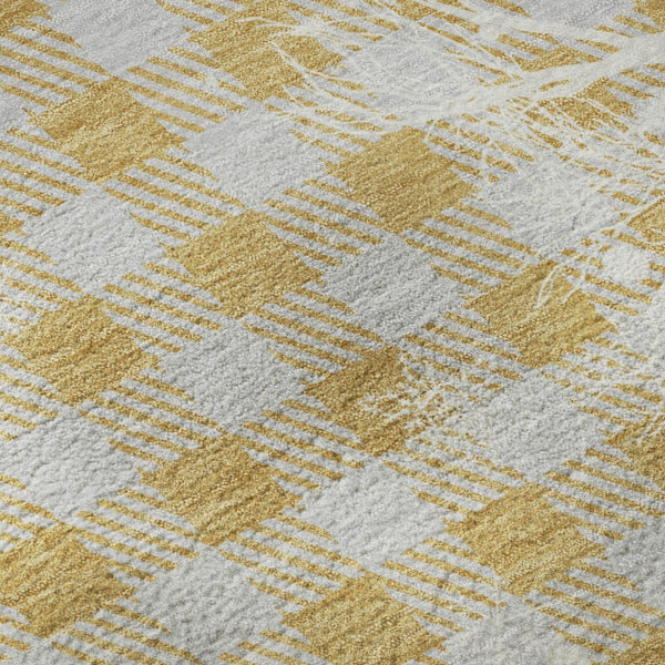 HomeRoots 8' Washable Gold Gray Ivory Gingham Round Rug with UV Protection - Durable, Stylish, Easy-Care Design 702314