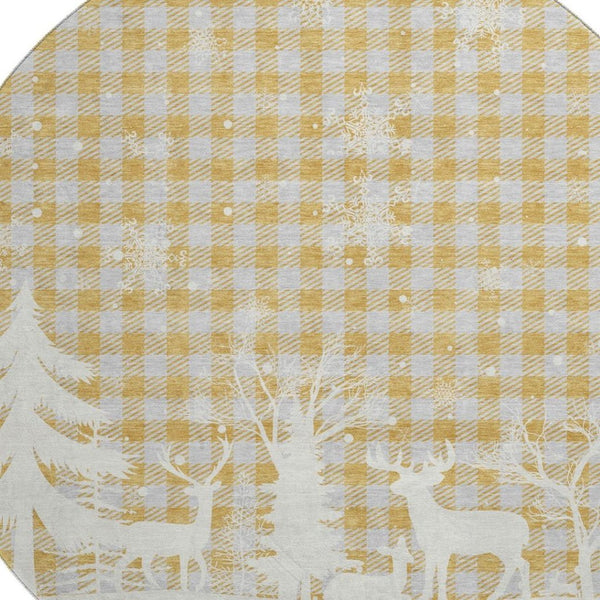 HomeRoots 8' Washable Gold Gray Ivory Gingham Round Rug with UV Protection - Durable, Stylish, Easy-Care Design 702314