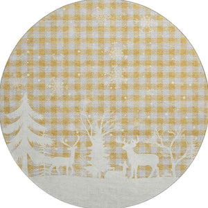 HomeRoots 8' Washable Gold Gray Ivory Gingham Round Rug with UV Protection - Durable, Stylish, Easy-Care Design 702314