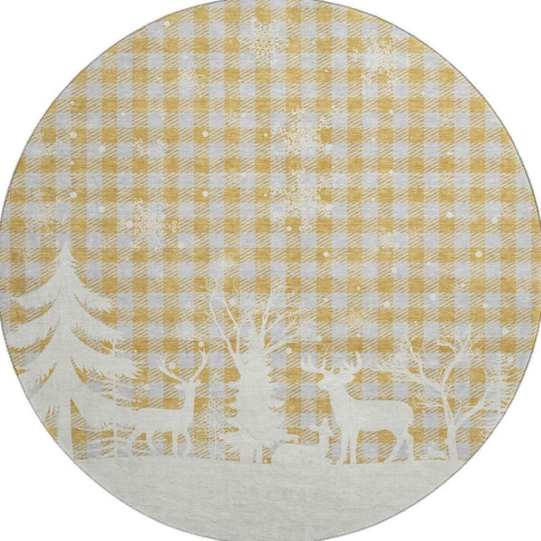 HomeRoots 8' Washable Gold Gray Ivory Gingham Round Rug with UV Protection - Durable, Stylish, Easy-Care Design 702314