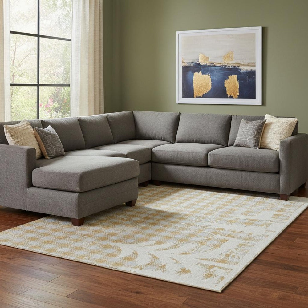 HomeRoots 8' X 10' Gingham Washable Area Rug in Gold, Gray & Ivory – UV Protected, Stain Resistant, Durable Design 702315