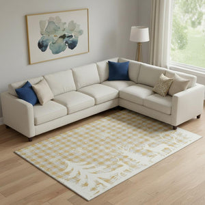 HomeRoots 9' X 12' Gold Gray Ivory Gingham Area Rug - Washable, UV Protected, Soft & Durable for Any Room 702316