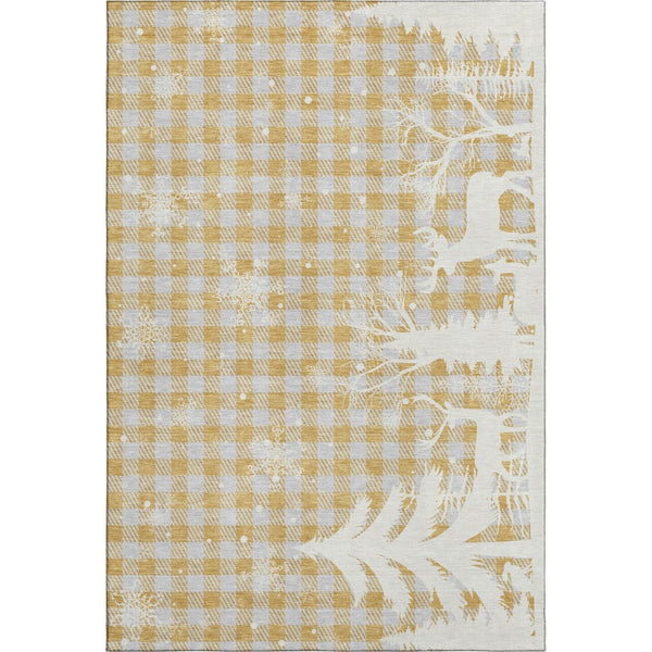 HomeRoots 9' X 12' Gold Gray Ivory Gingham Area Rug - Washable, UV Protected, Soft & Durable for Any Room 702316