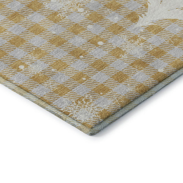 HomeRoots 9' X 12' Gold Gray Ivory Gingham Area Rug - Washable, UV Protected, Soft & Durable for Any Room 702316