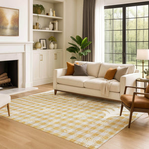 HomeRoots 9' X 12' Gold Gray Ivory Gingham Area Rug - Washable, UV Protected, Soft & Durable for Any Room 702316