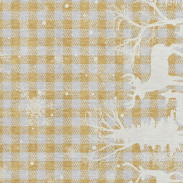 HomeRoots 9' X 12' Gold Gray Ivory Gingham Area Rug - Washable, UV Protected, Soft & Durable for Any Room 702316