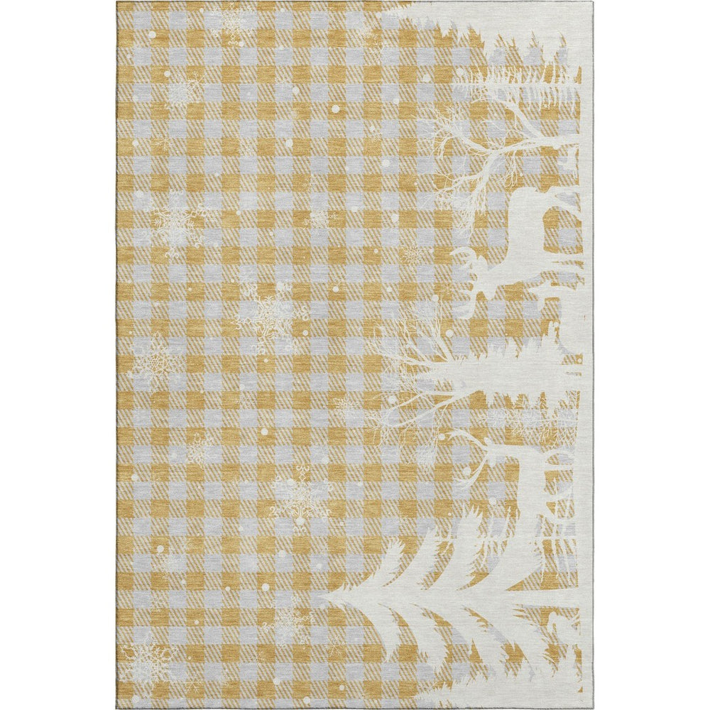 HomeRoots 10' Stylish Gold, Gray & Ivory Gingham Area Rug - Washable, UV-Protected for Indoor & Outdoor Use 702317
