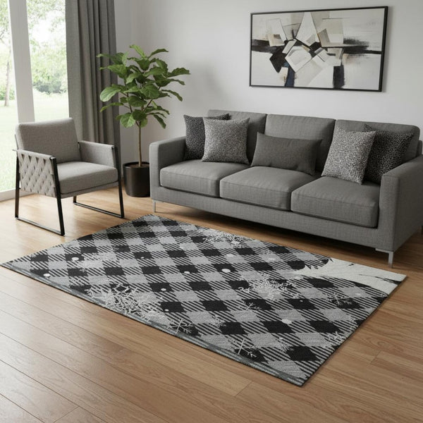 HomeRoots 5' Stylish Gray, Black & Ivory Gingham Washable Area Rug - UV Protected, Non-Slip, Ideal for Homes 702319
