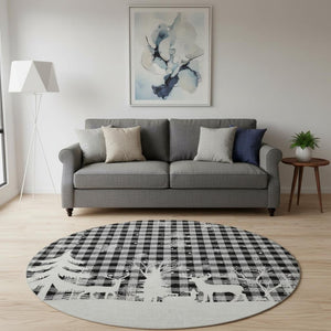 HomeRoots 8' Gray Black And Ivory Gingham Washable Round Rug - Durable, UV Protected, Easy-Care for Family Spaces 702320
