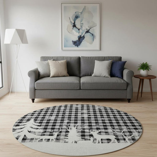 HomeRoots 8' Gray Black And Ivory Gingham Washable Round Rug - Durable, UV Protected, Easy-Care for Family Spaces 702320