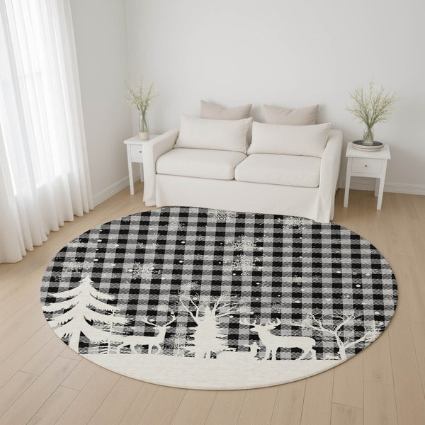 HomeRoots 8' Gray Black And Ivory Gingham Washable Round Rug - Durable, UV Protected, Easy-Care for Family Spaces 702320