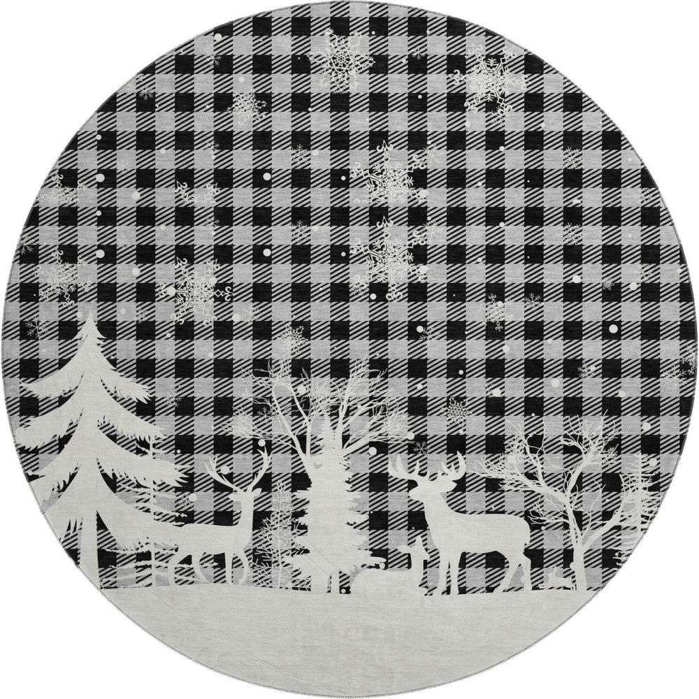 HomeRoots 8' Gray Black And Ivory Gingham Washable Round Rug - Durable, UV Protected, Easy-Care for Family Spaces 702320