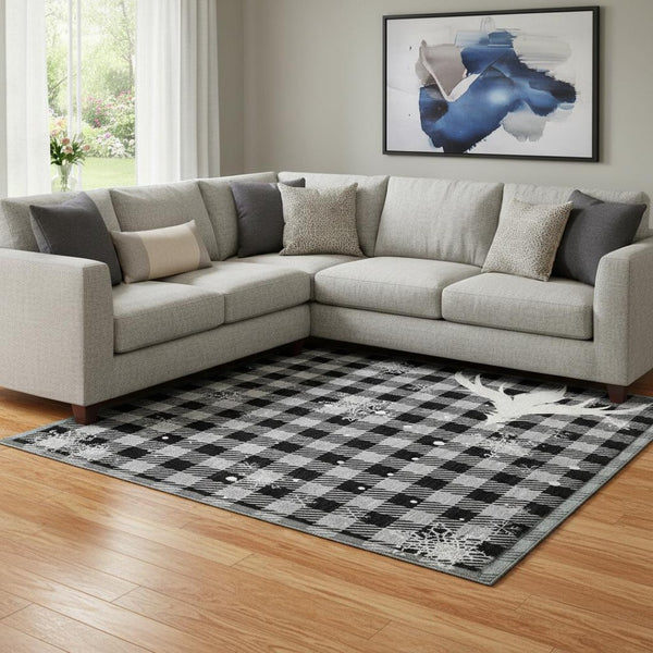 HomeRoots 8' X 10' Gray, Black & Ivory Gingham Area Rug - Durable, Washable, UV-Protected for Modern Homes 702321