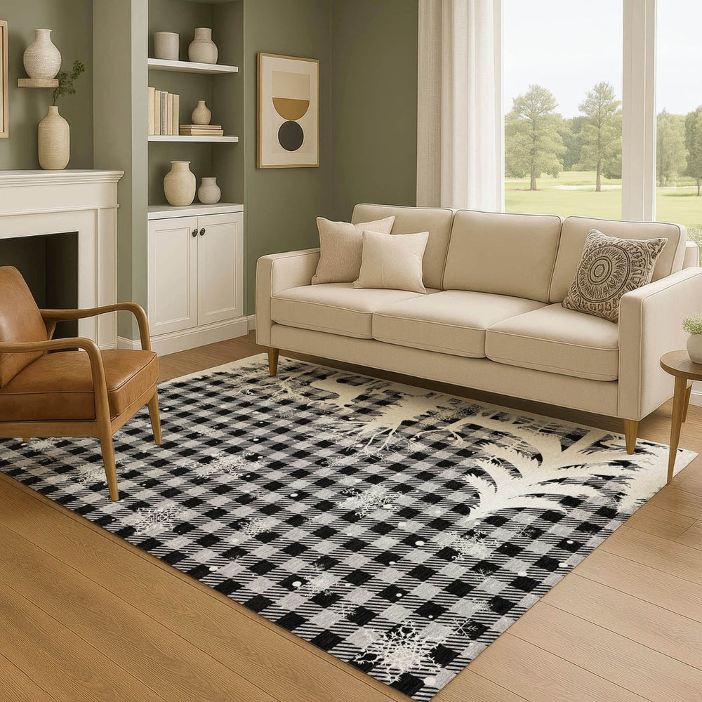 HomeRoots 10' Gingham Washable Area Rug in Gray, Black & Ivory - UV Protected, Durable & Pet-Friendly Design! 702323