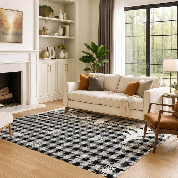 HomeRoots 10' Gingham Washable Area Rug in Gray, Black & Ivory - UV Protected, Durable & Pet-Friendly Design! 702323