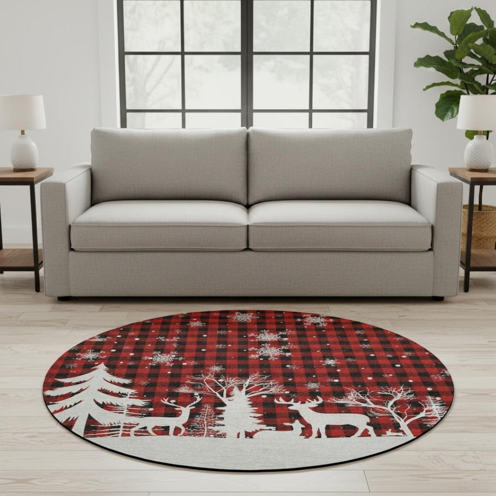HomeRoots 8' Red Black And Ivory Gingham Round Rug - Washable, UV-Protected, Stain-Resistant & Stylish Decor 702326